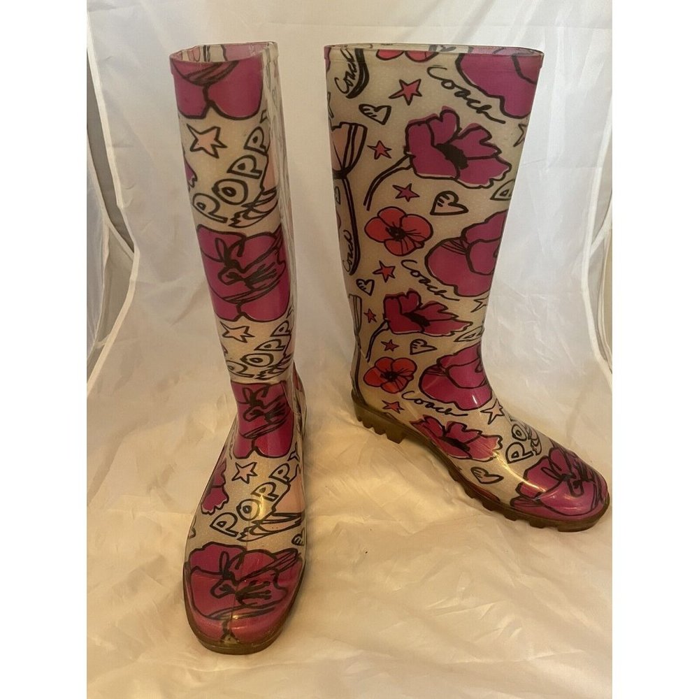 Coach pink Poppy print womens rain boots size 7